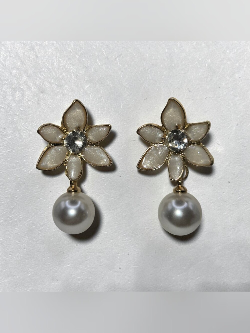 Floral Faux Pearl Drop Earrings - White / Gold